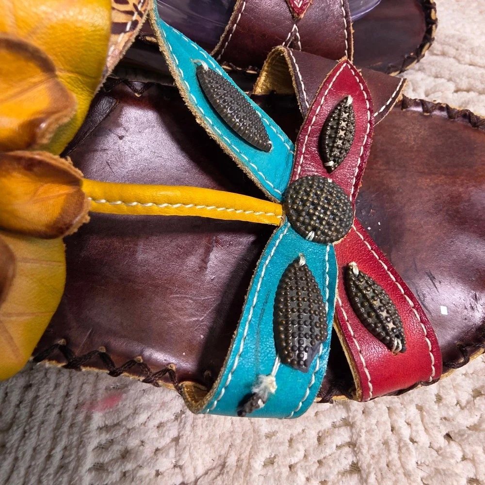 Spring Step Wedge Sandals Leather Red Yellow Teal 3D Flowers‎ Womens 38 7-7.5